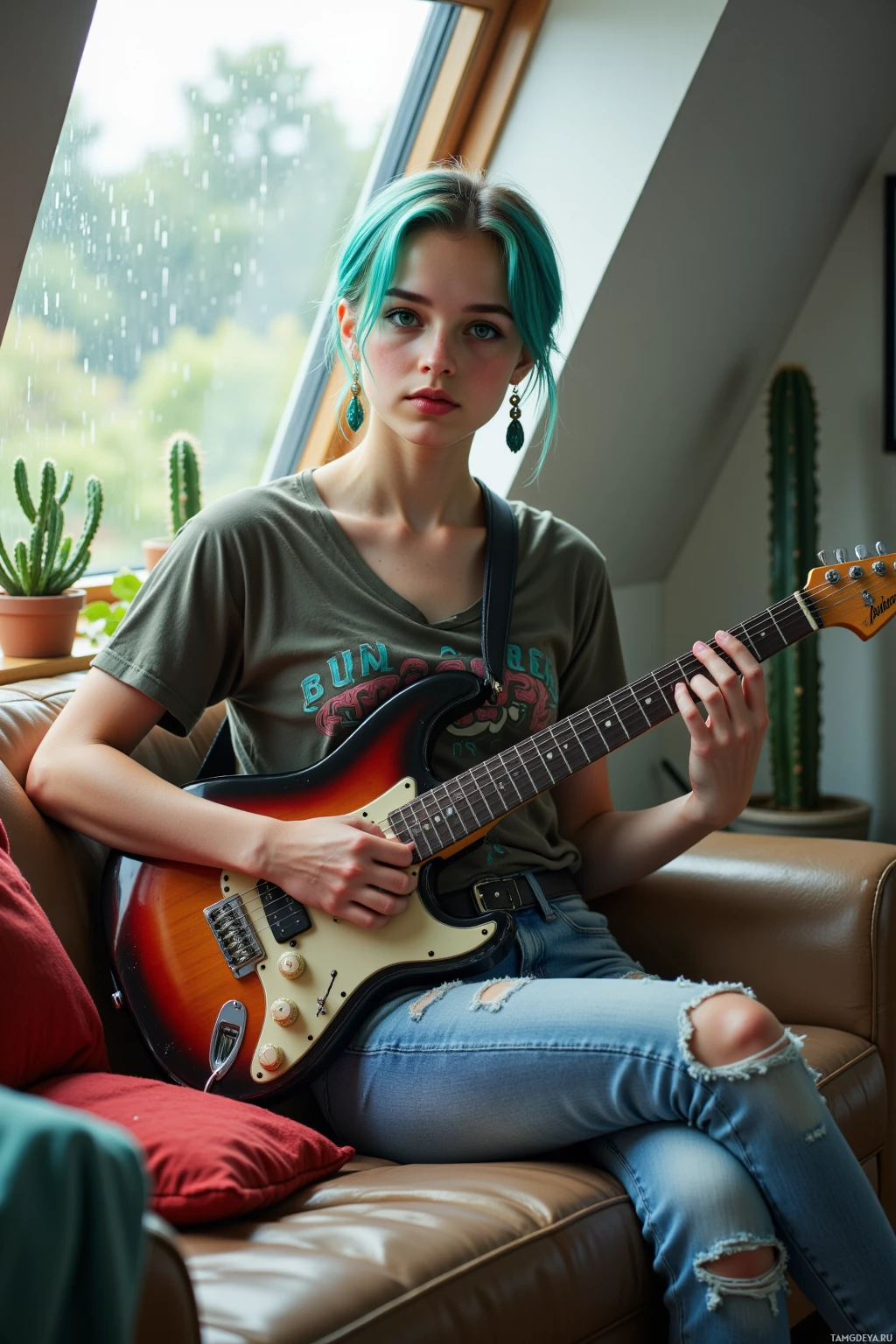 A person with teal hair sits on a couch, playing a guitar.