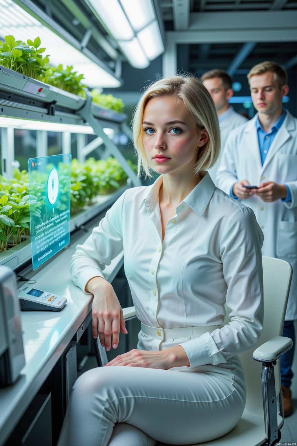 A woman in a white lab coat sits in a laboratory setting with plants and equipment in the background.
