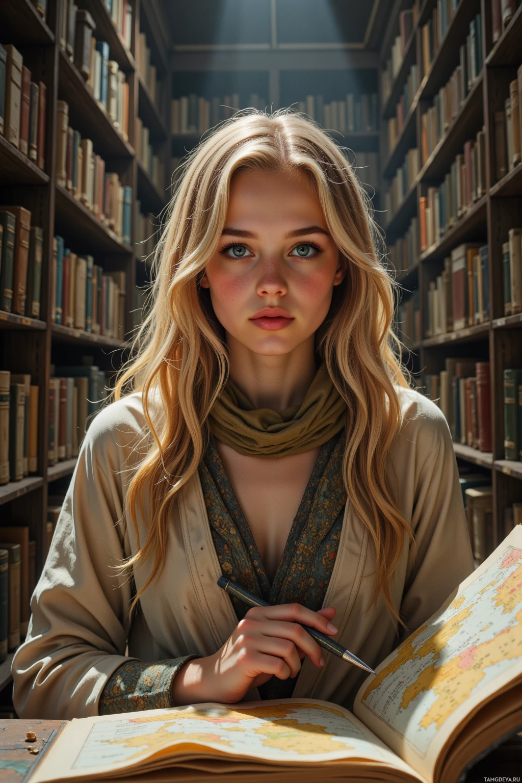 A person with long blonde hair sits in a library, holding a pen and looking at an open map.