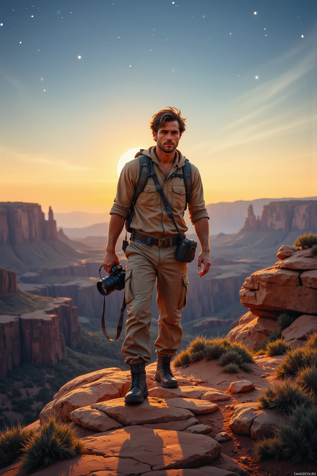 A man stands on a rocky outcrop overlooking a vast canyon at sunset.