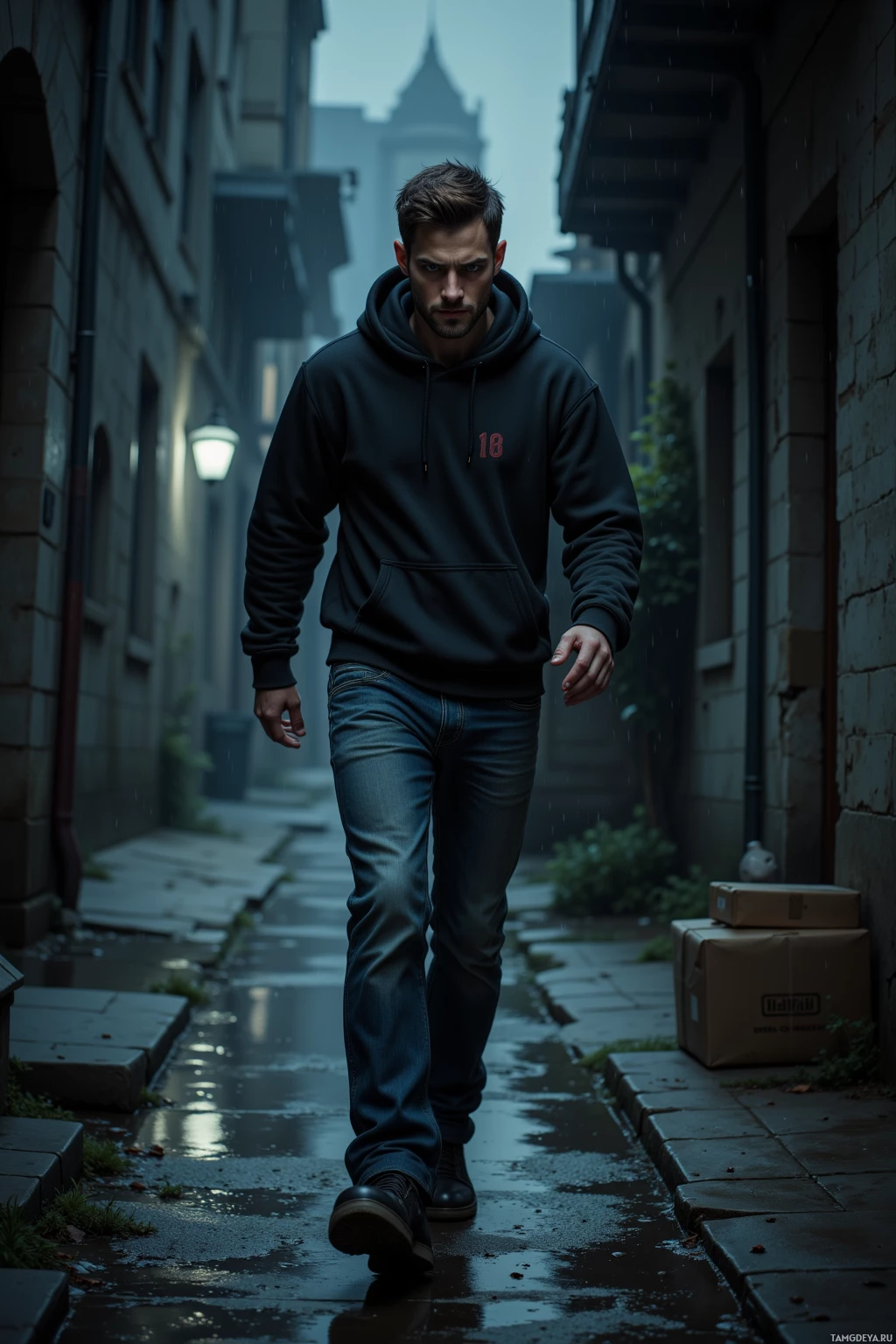 A man in a hoodie walks down a rainy alleyway.