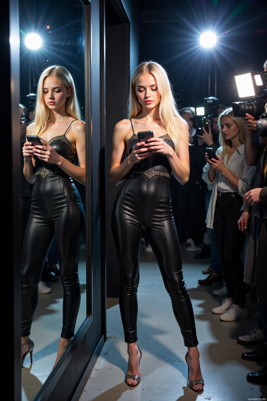 A model in a black outfit stands backstage, looking at her phone, with photographers in the background.