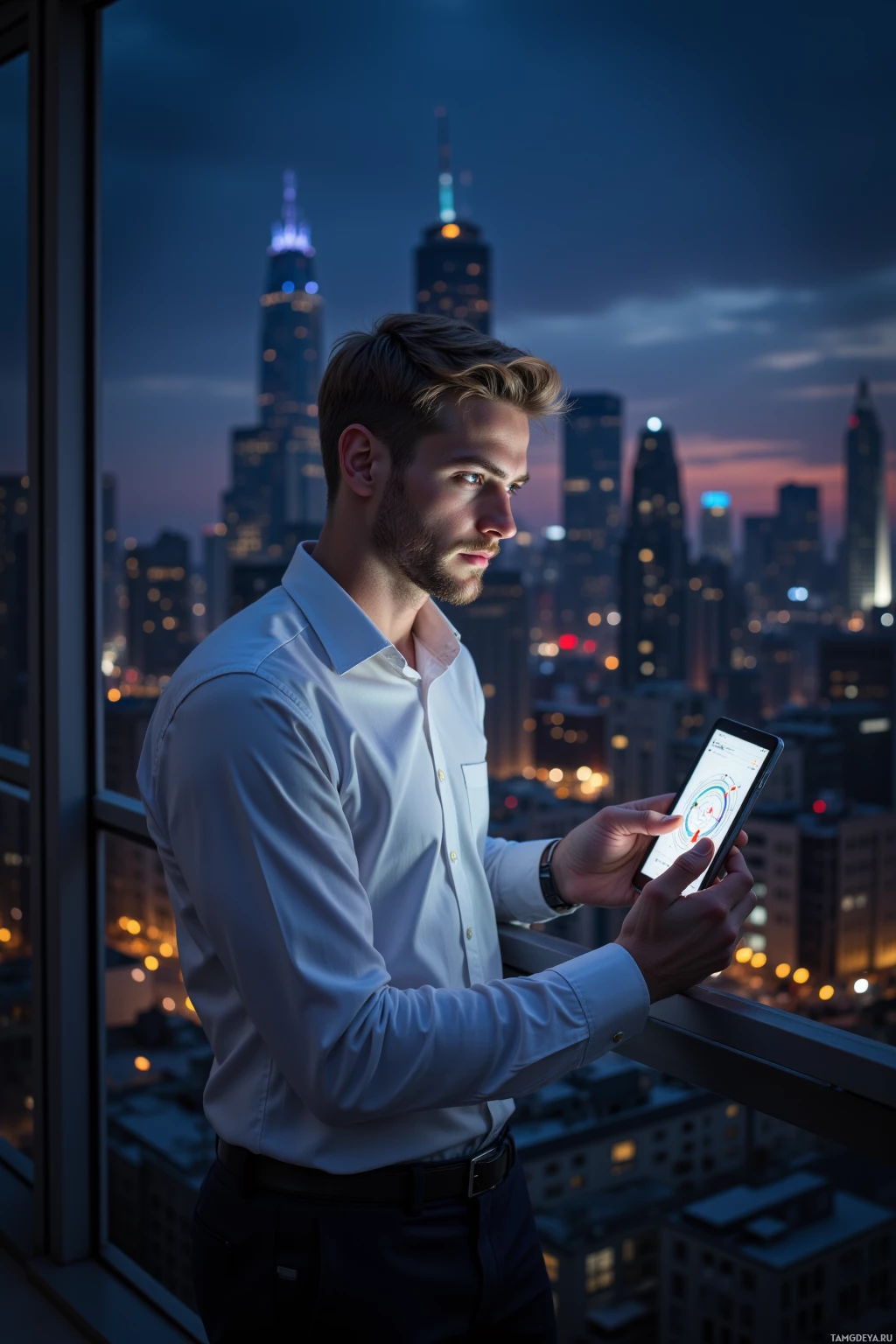 A man in a white shirt stands by a window overlooking a cityscape at night, holding a smartphone.