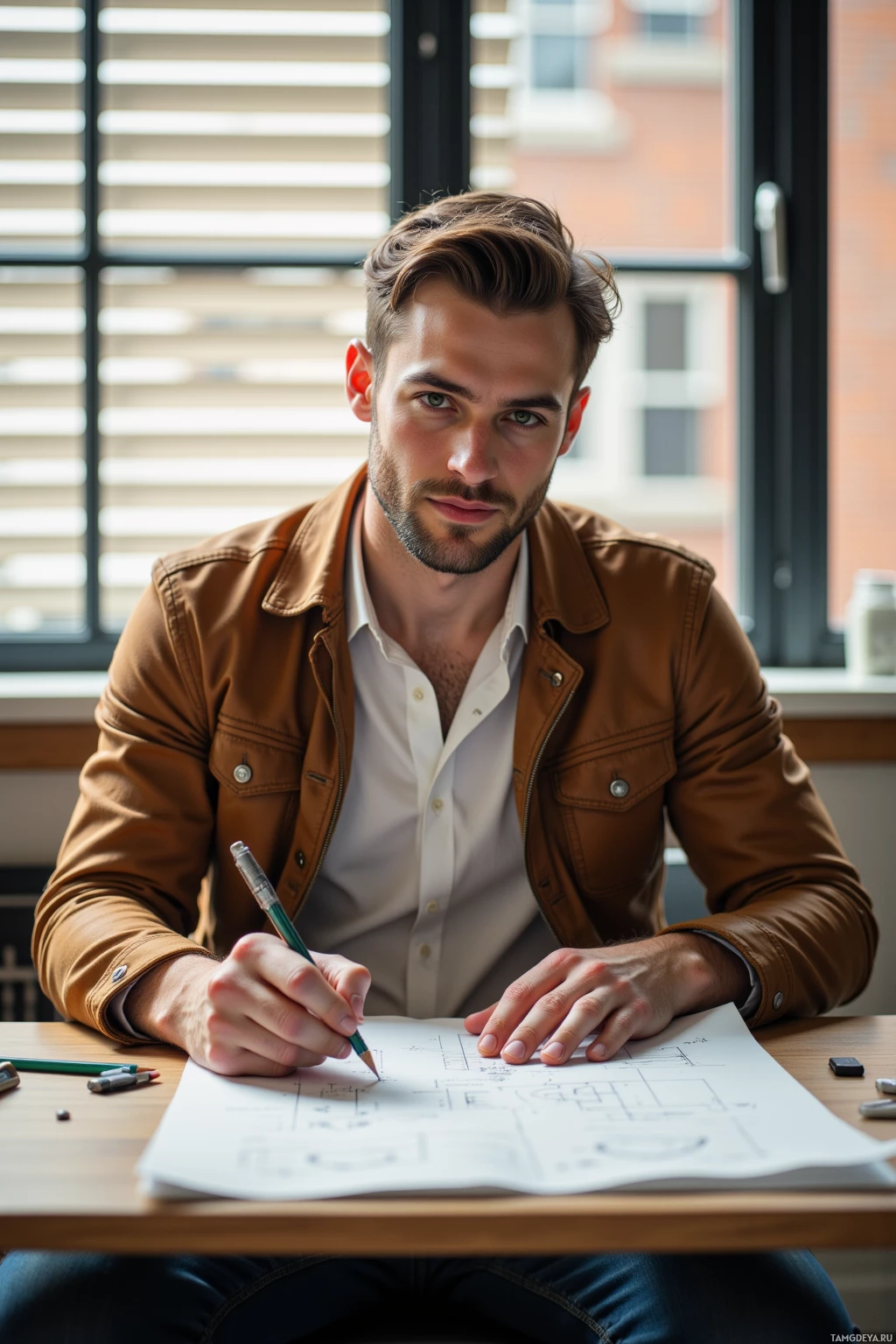 A man in a brown jacket and white shirt is sitting at a desk, working on a blueprint with a pencil.