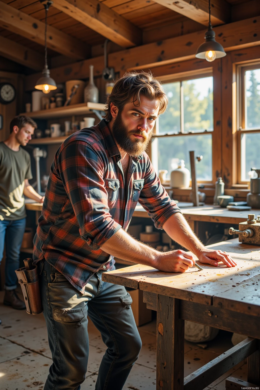 A man with a beard and plaid shirt works at a wooden workbench in a rustic workshop.