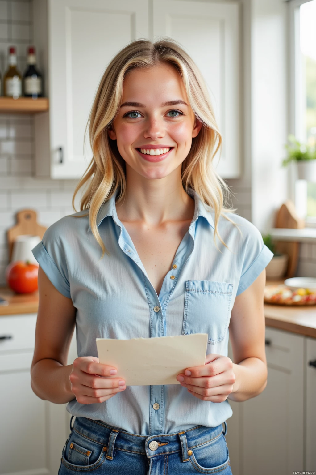 A woman in a light blue shirt holds a piece of paper in a kitchen setting.