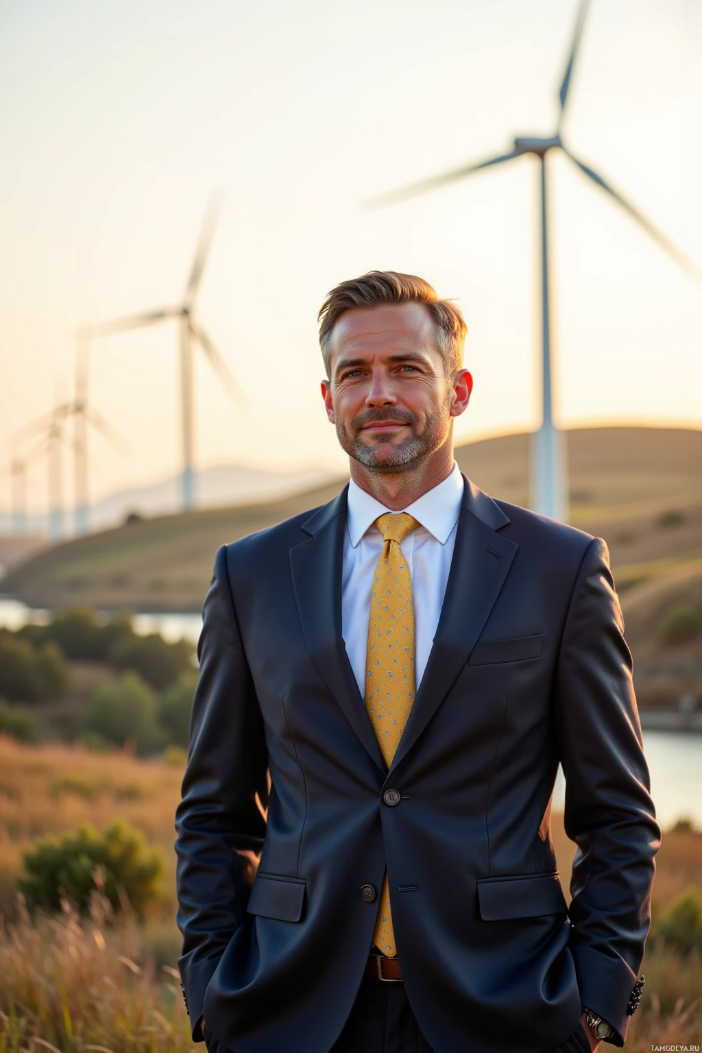 A man in a suit stands in front of wind turbines at sunset.