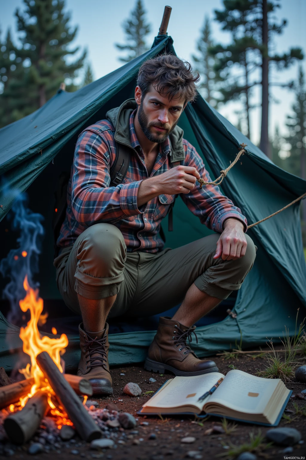 A man sits by a campfire in front of a tent, holding a rope.
