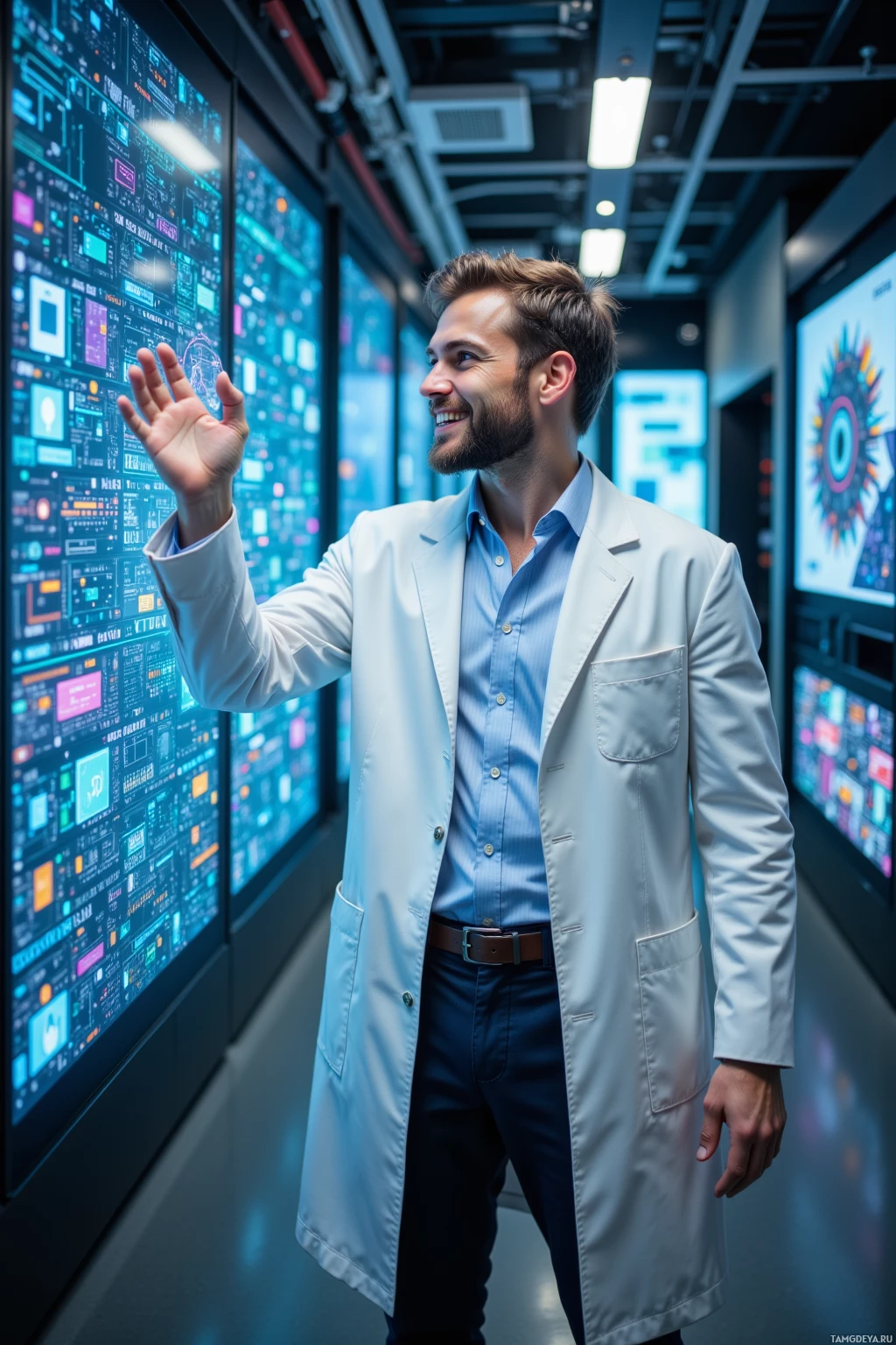 A man in a lab coat stands in a futuristic hallway, interacting with a large digital display.