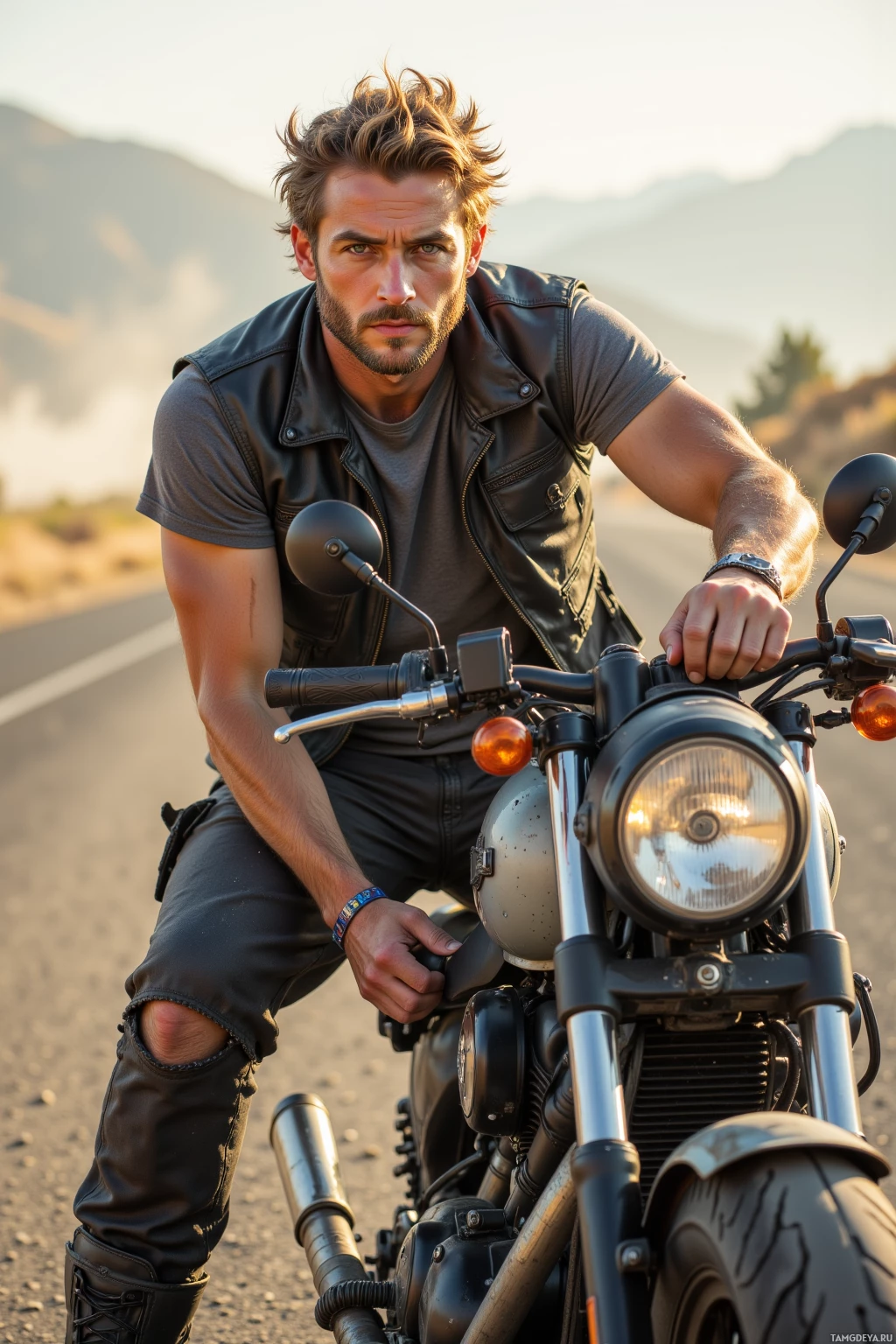 A man in a leather vest and pants sits on a motorcycle on a road with mountains in the background.