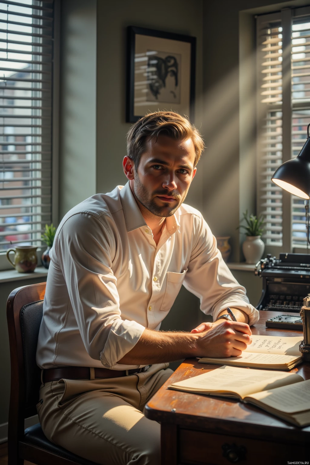 A man in a white shirt sits at a desk with an open book, in a room with a window and a lamp.
