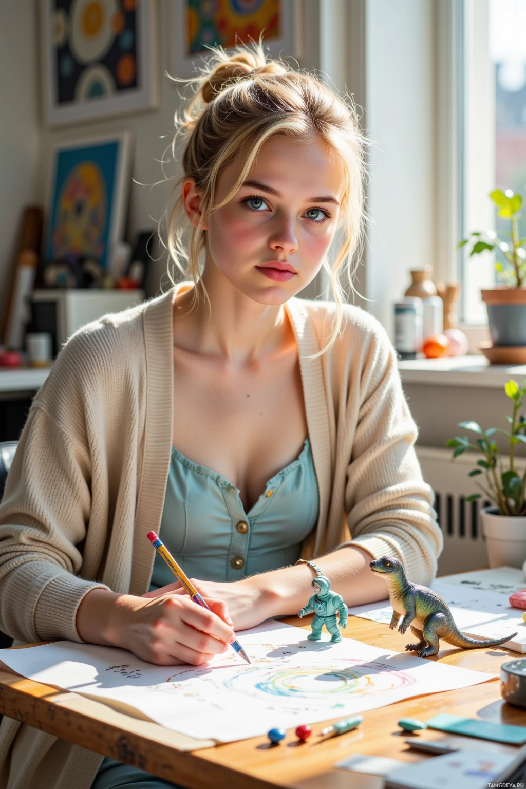 A person is drawing at a desk with a pencil, surrounded by colorful art supplies and a dinosaur toy.