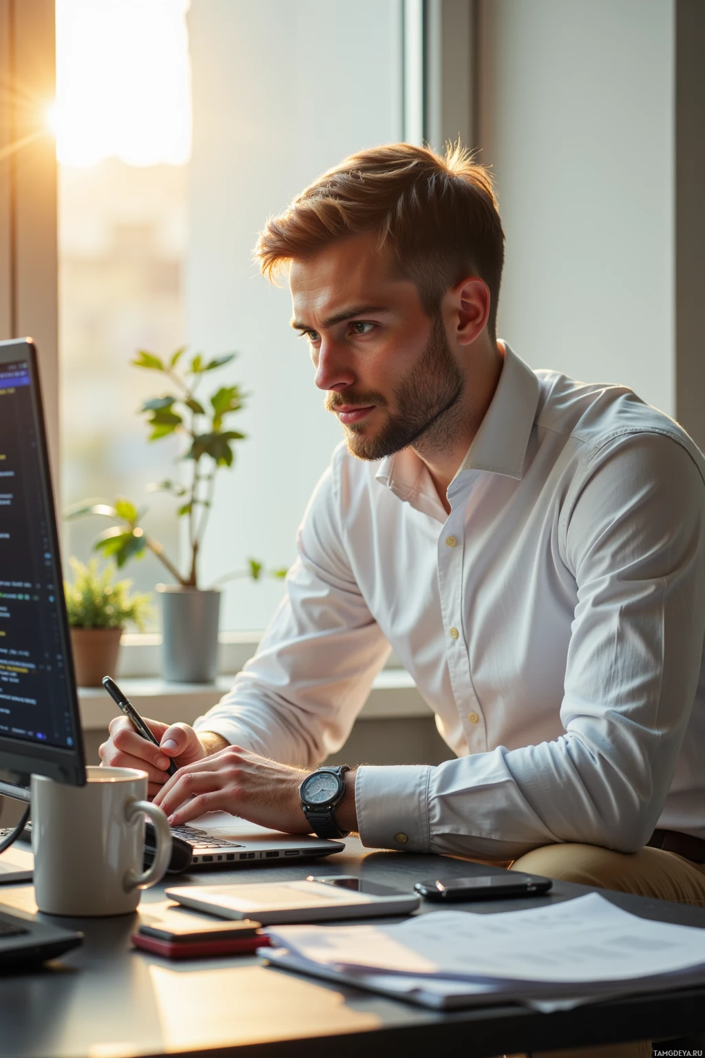 A man in a white shirt works at a desk with a laptop and a cup of coffee, in a well-lit office setting.