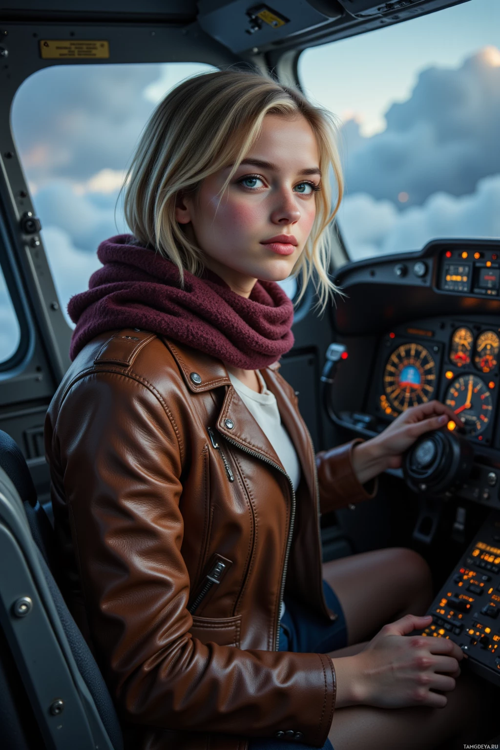 A person in a leather jacket sits inside a cockpit, looking out the window.