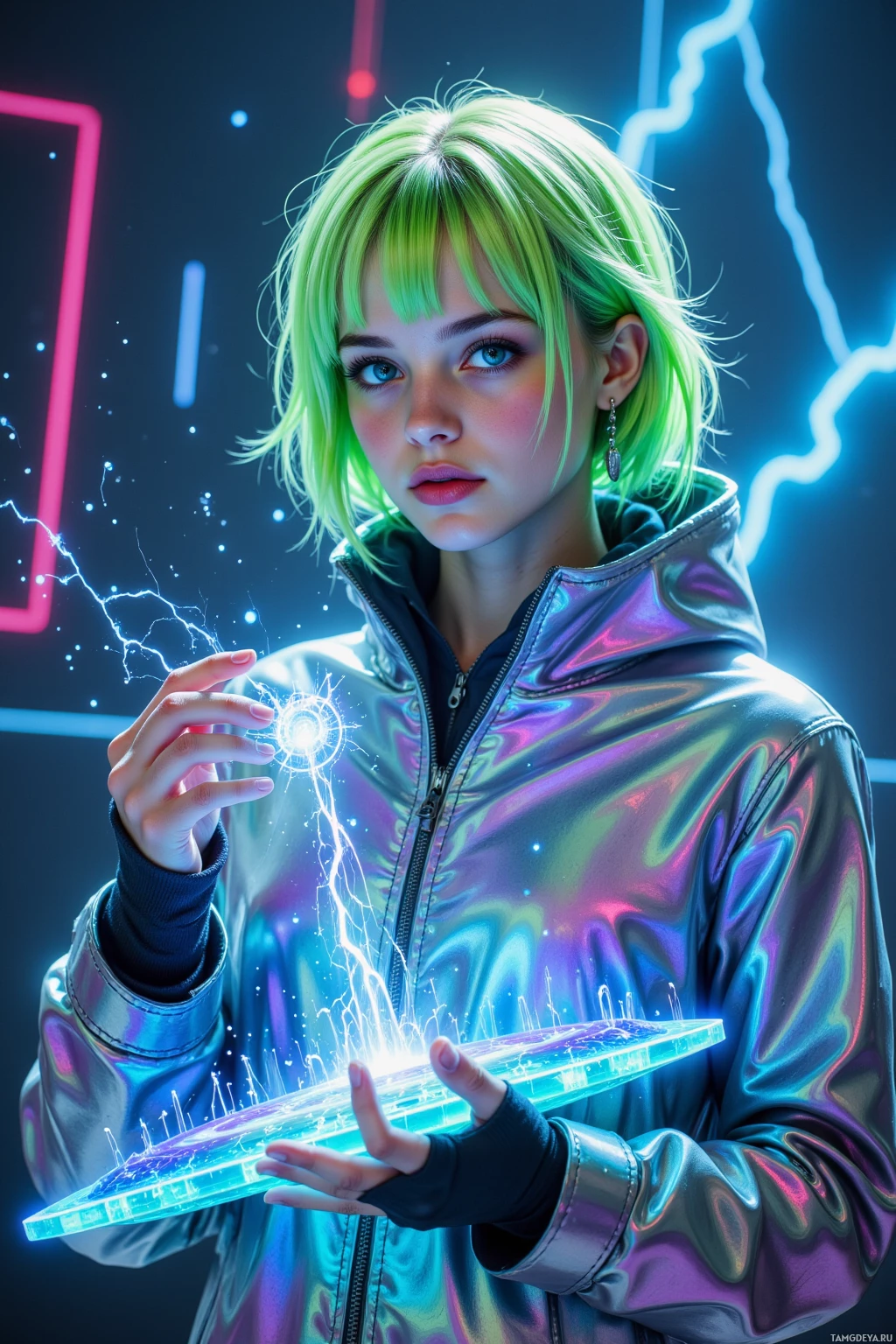 A person with green hair holds a glowing, futuristic device.