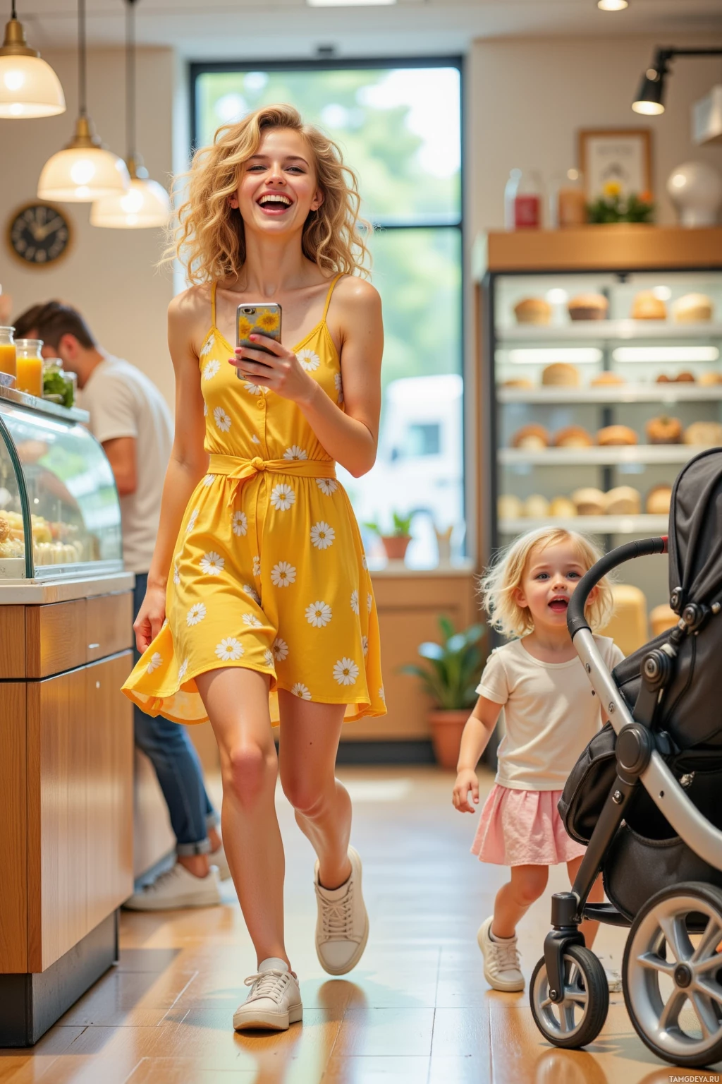 A woman in a yellow floral dress walks through a bakery with a child in a stroller.