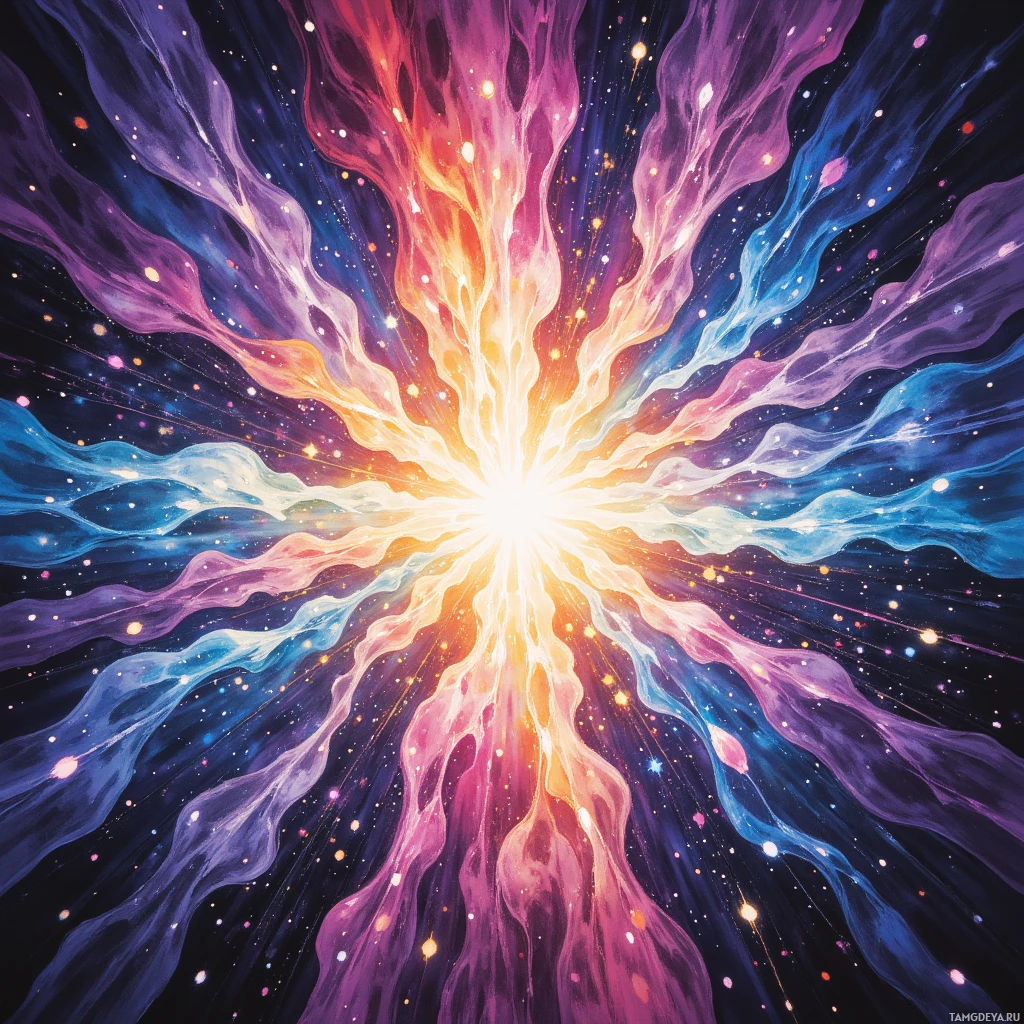 A vibrant cosmic explosion with swirling colors and sparkling stars.