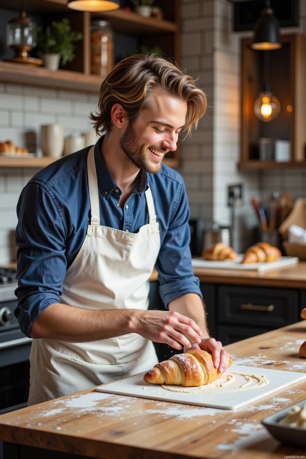 A man in an apron smiles while preparing a croissant in a kitchen.