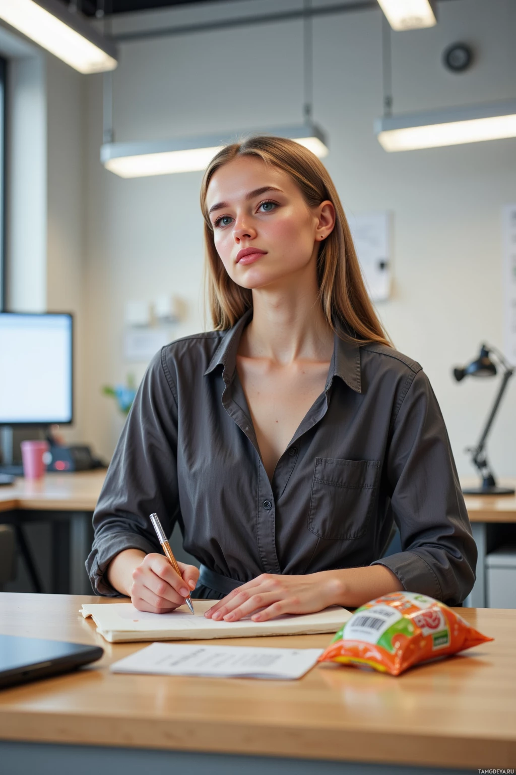 A woman in a gray shirt is sitting at a desk, writing in a notebook.