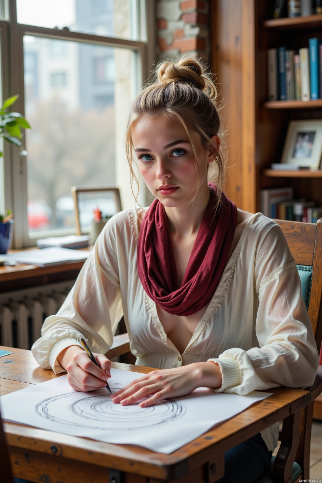 A woman sits at a desk, drawing a circular pattern on a piece of paper.