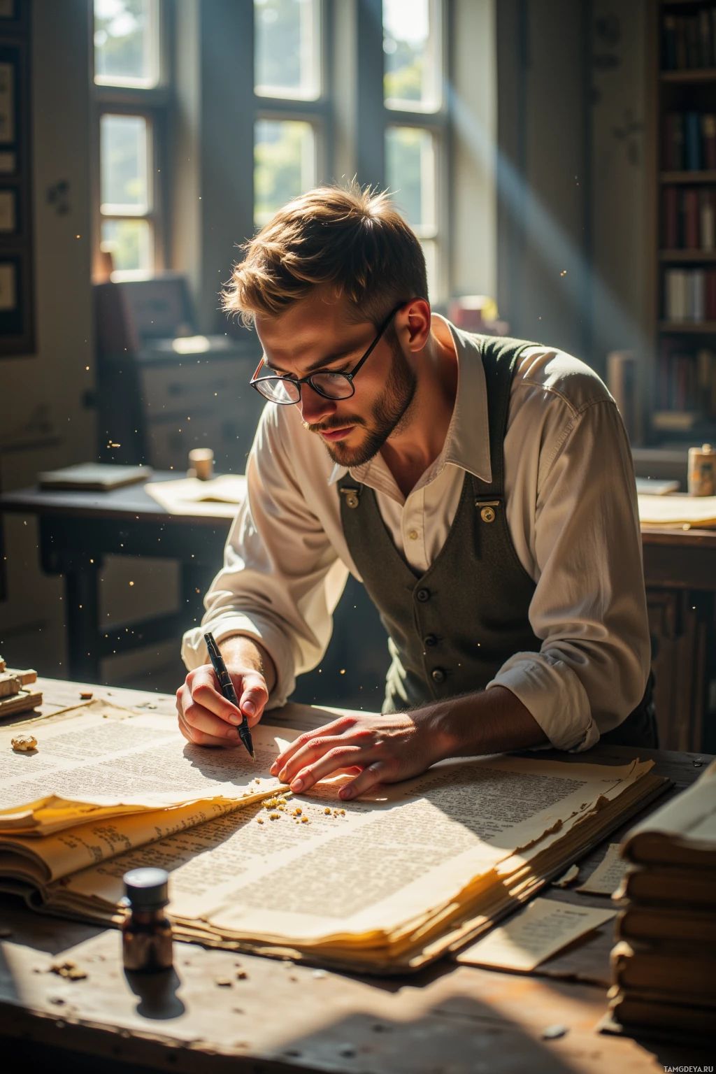 A man in a vintage-style shirt and vest is writing in a notebook at a desk in a sunlit room.
