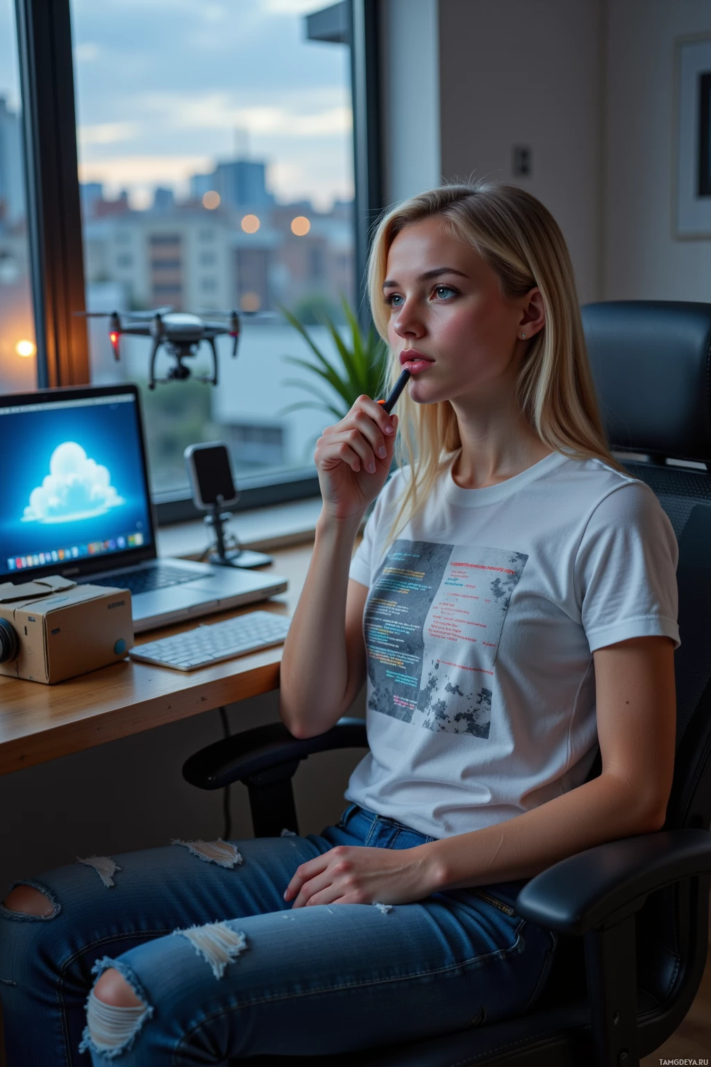 A woman sits at a desk in an office, looking out the window with a thoughtful expression.