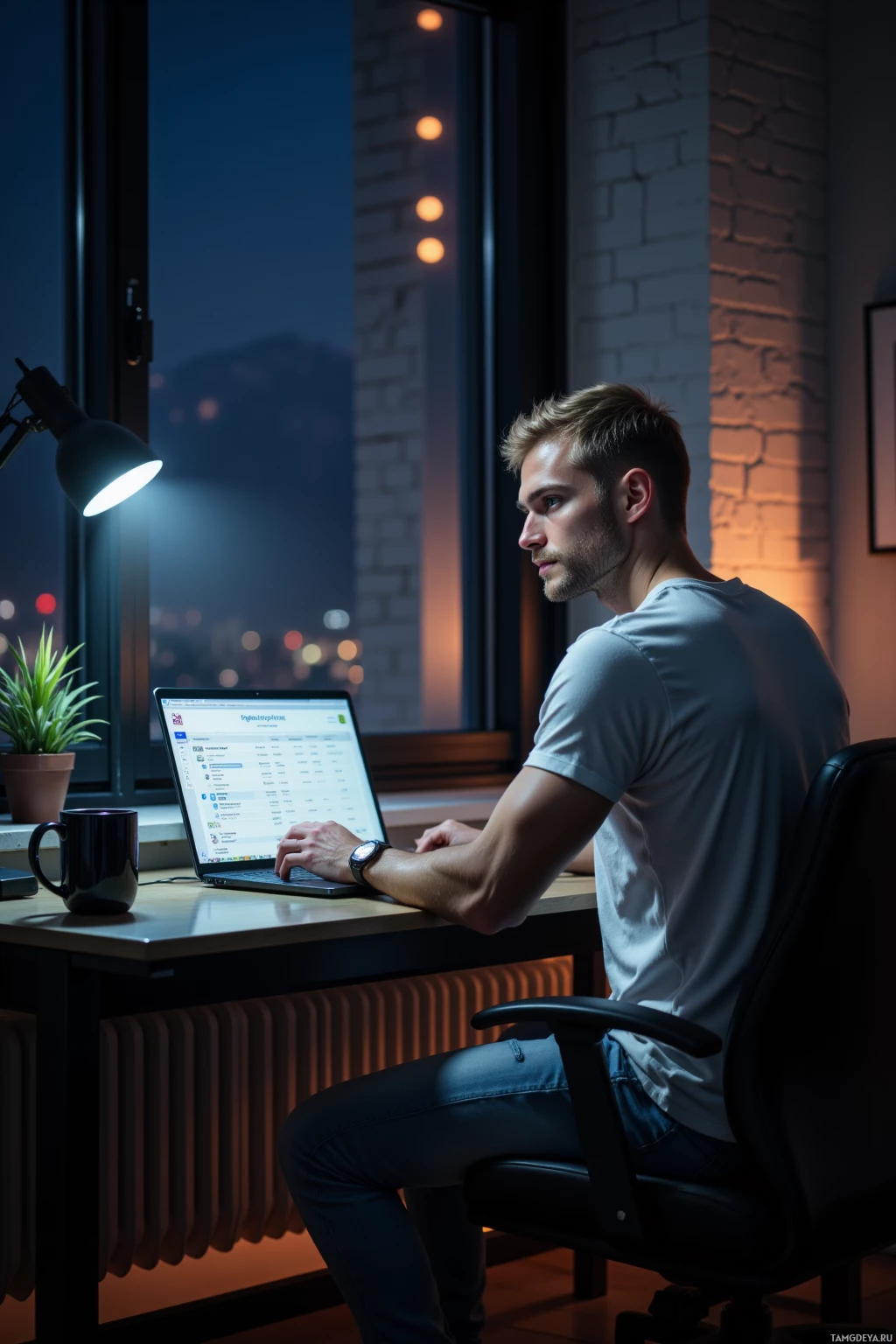 A man sits at a desk in a dimly lit room, working on a laptop.