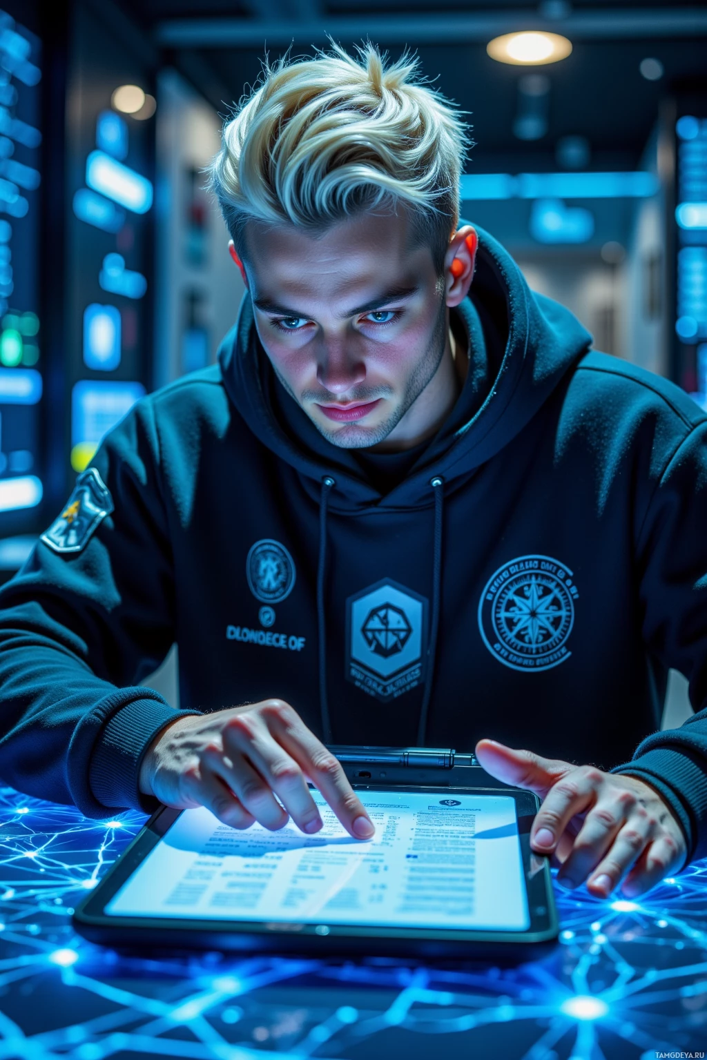 A person in a hoodie interacts with a tablet in a futuristic setting.