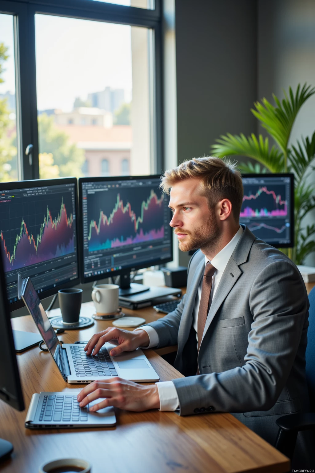 A man in a suit works at a desk with multiple monitors displaying financial charts.