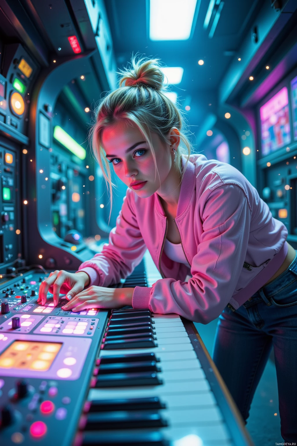 A person in a futuristic setting leans over a keyboard and control panel, illuminated by vibrant neon lights.
