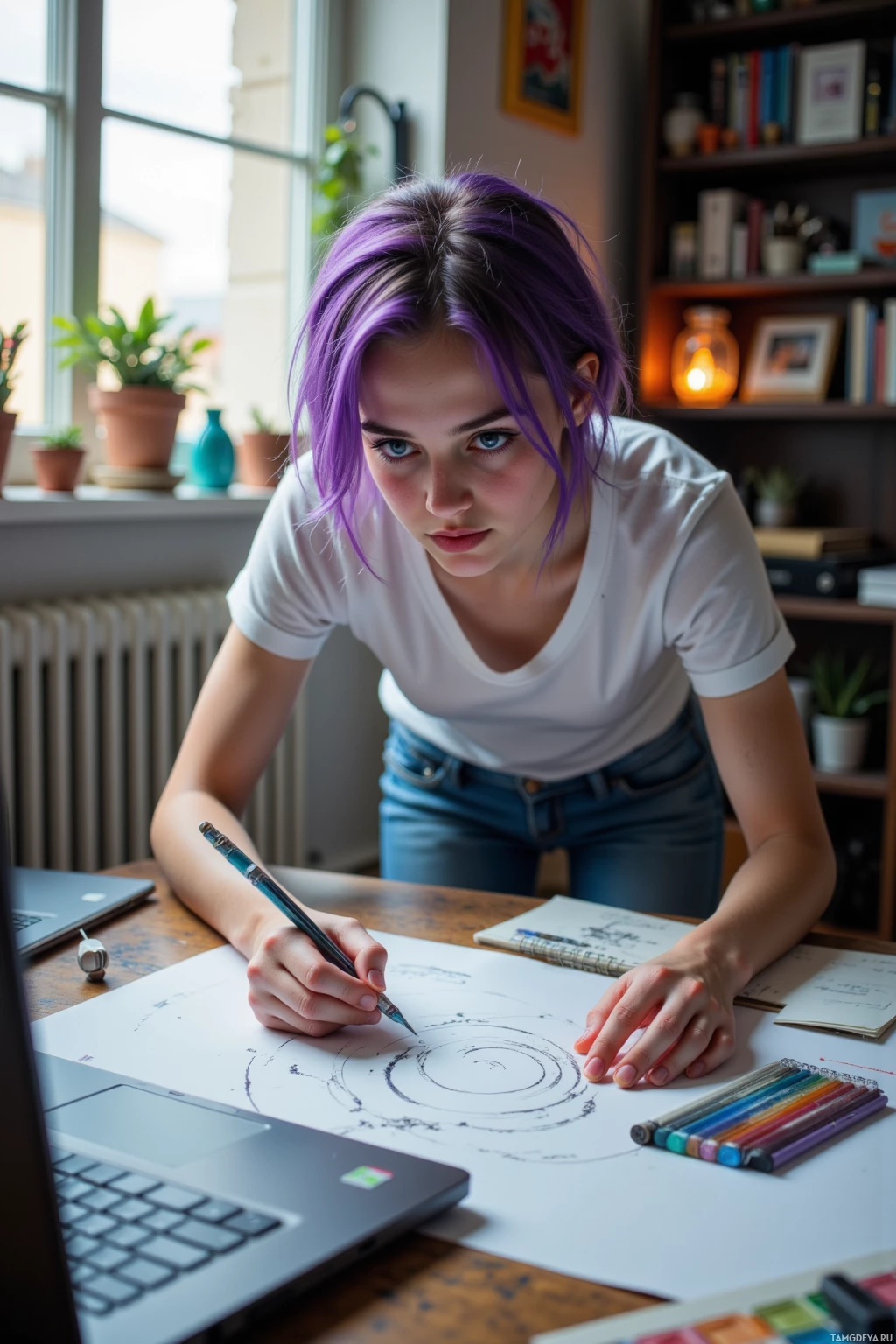 A person with purple hair is drawing at a desk with a laptop and colored pencils.