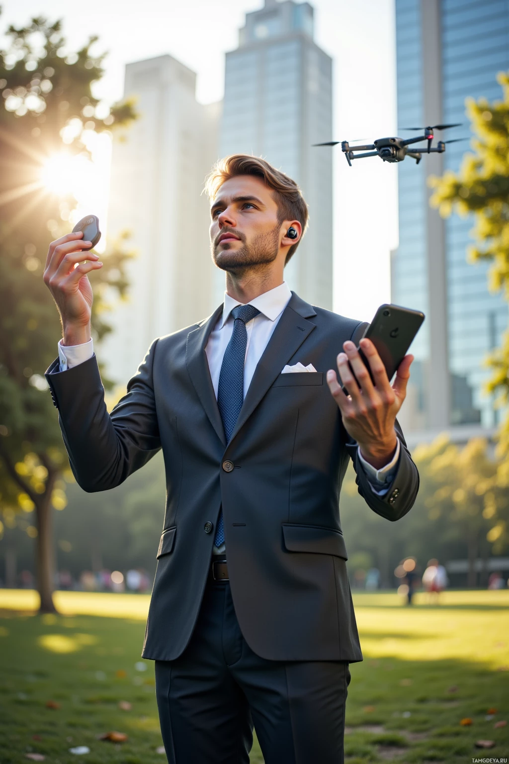 A man in a suit holds a smartphone and a drone in an urban park setting.