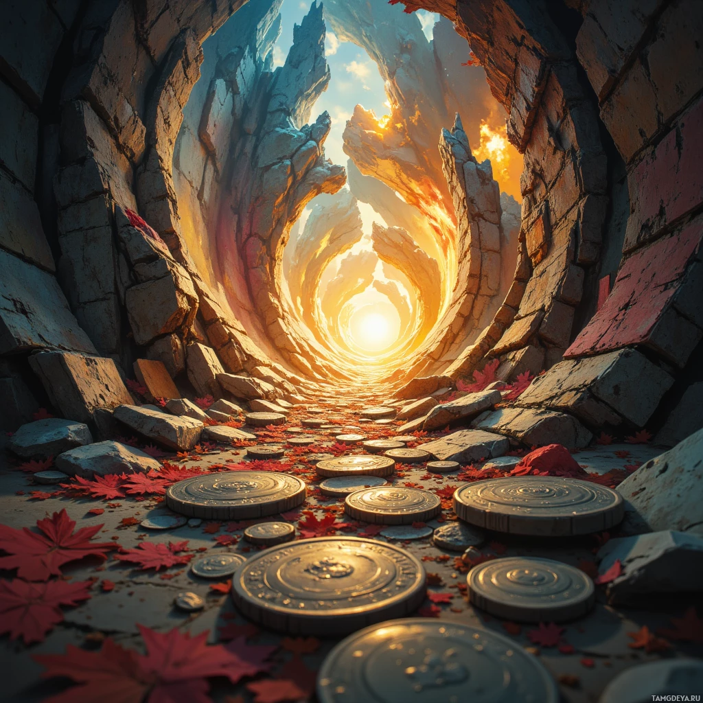 A mystical cave entrance with a glowing light at the end, surrounded by autumn leaves and stepping stones.