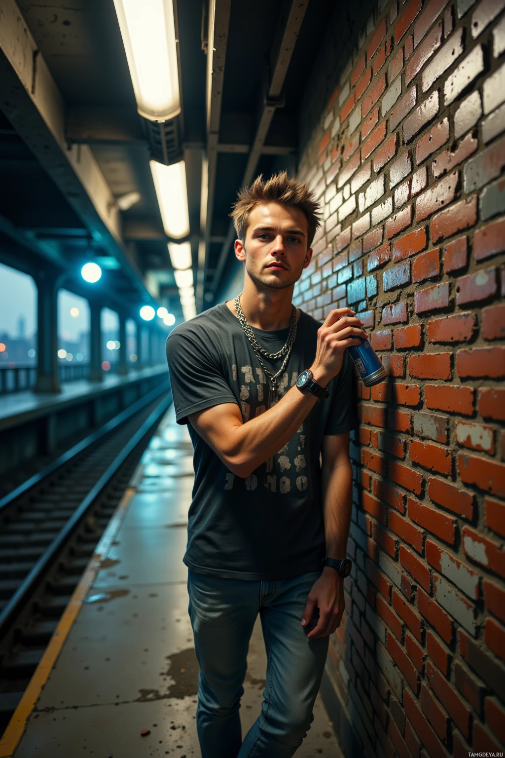 A young man stands on a subway platform, leaning against a brick wall, holding a can.