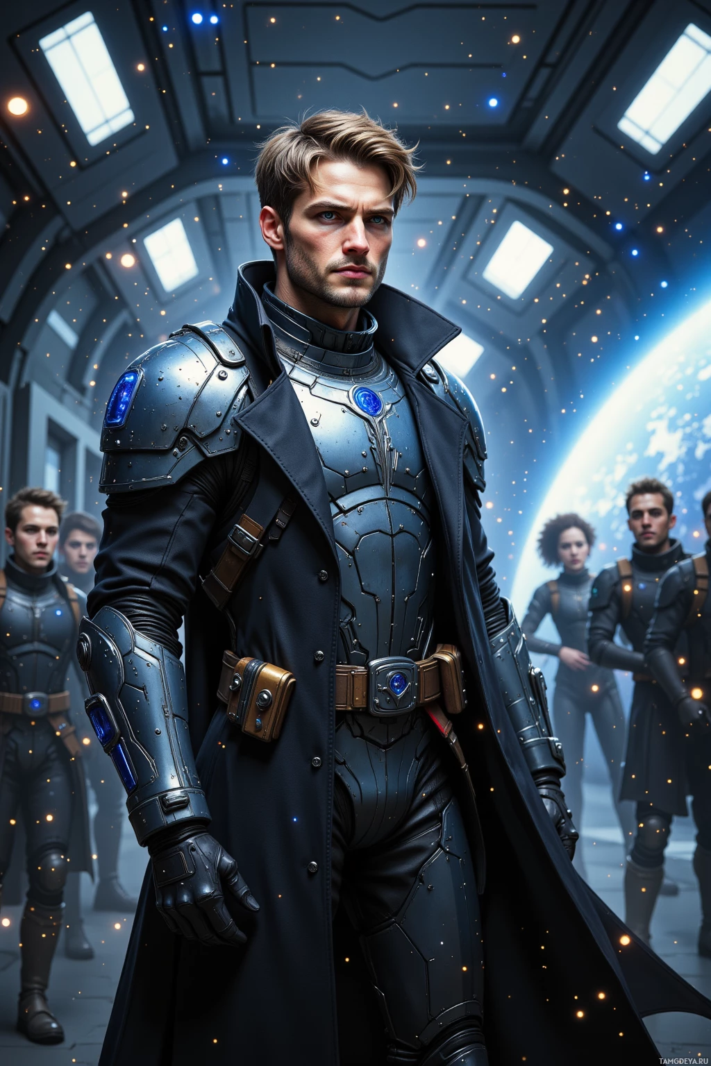 A person in futuristic armor stands in a space station with others in the background.