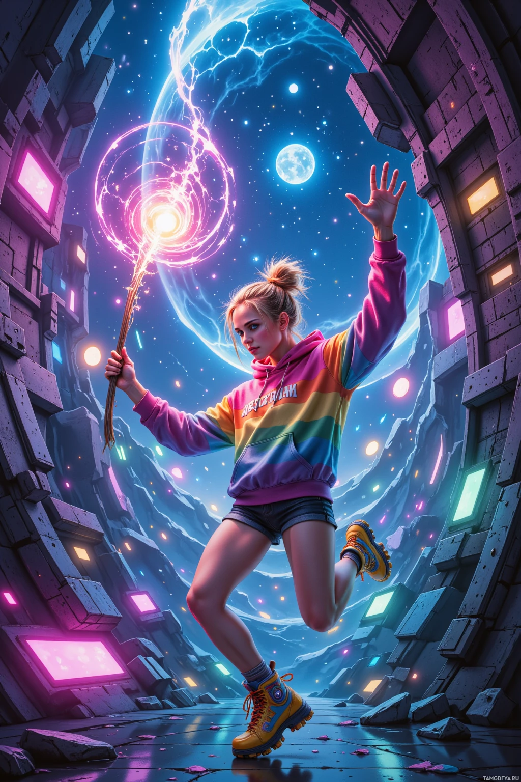 A young woman in a colorful hoodie and sneakers leaps into a vibrant, futuristic space scene.