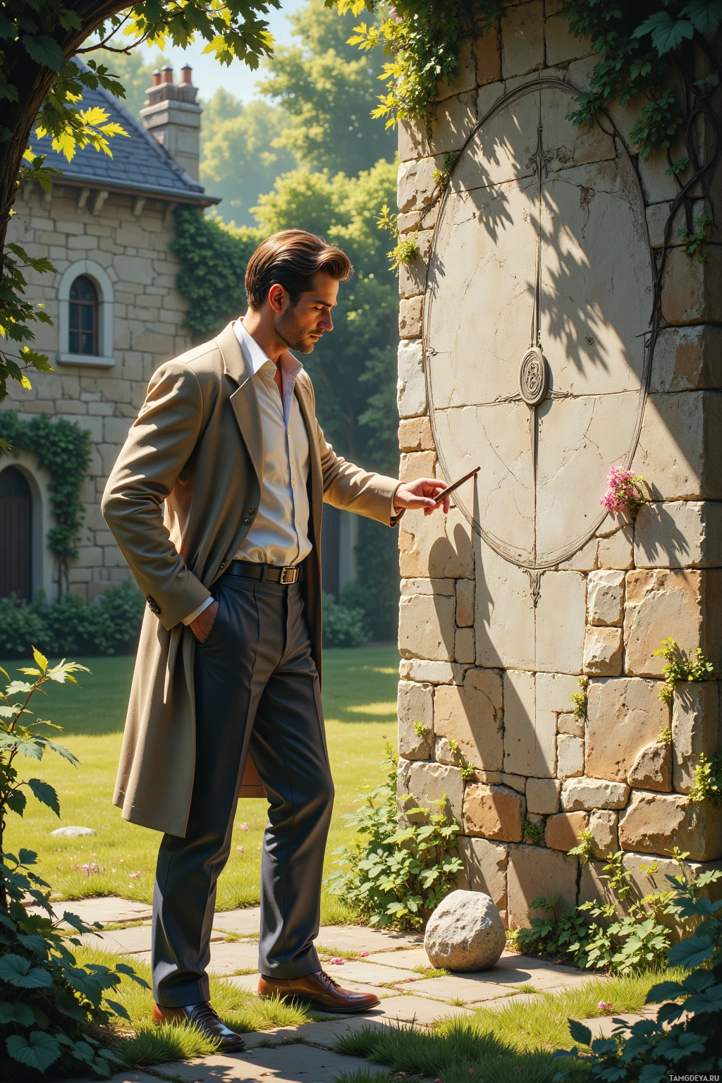 A man in a suit stands near a stone wall with a circular design, holding a phone.