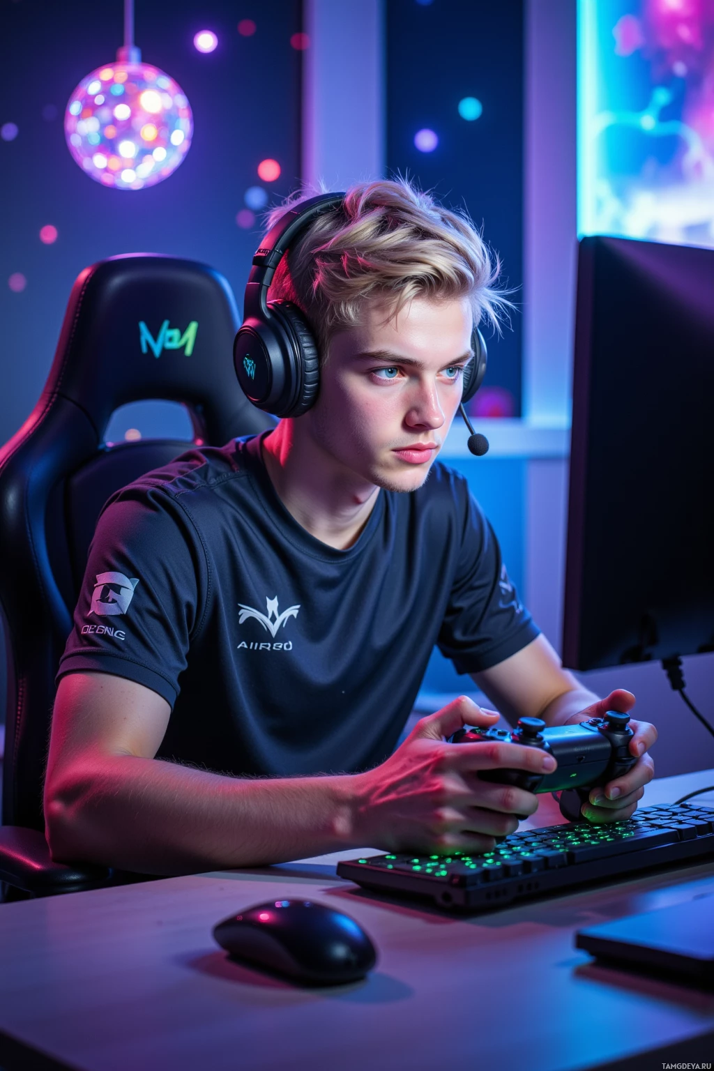 A young person is seated at a gaming setup, holding a controller and wearing headphones.