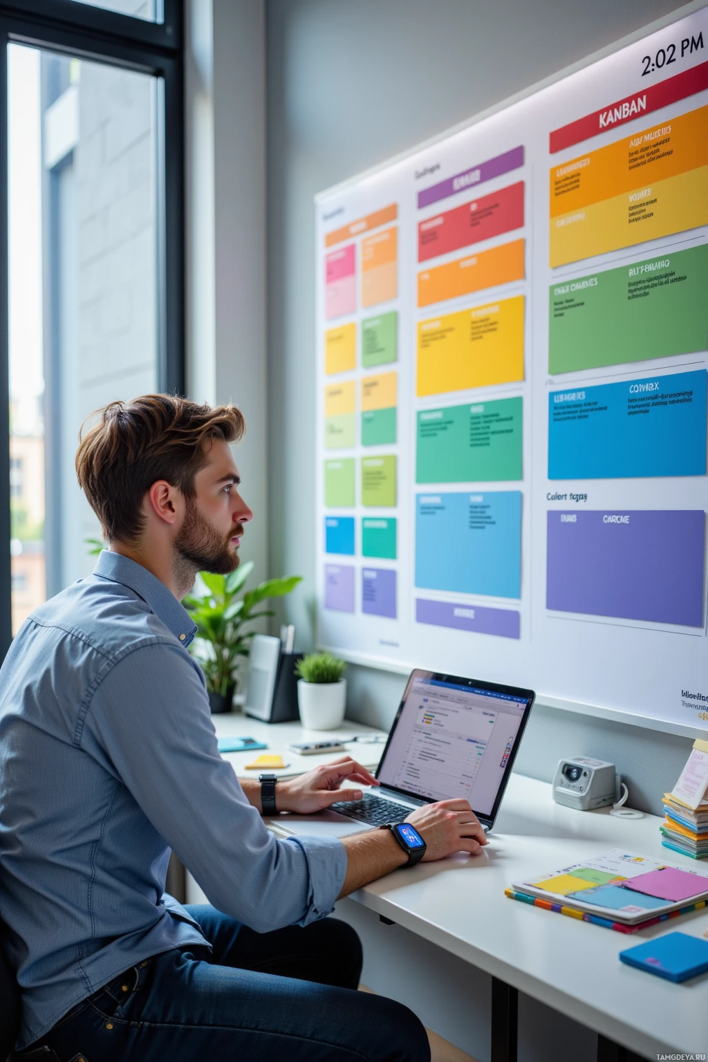 A person is working at a desk with a laptop and a Kanban board in the background.