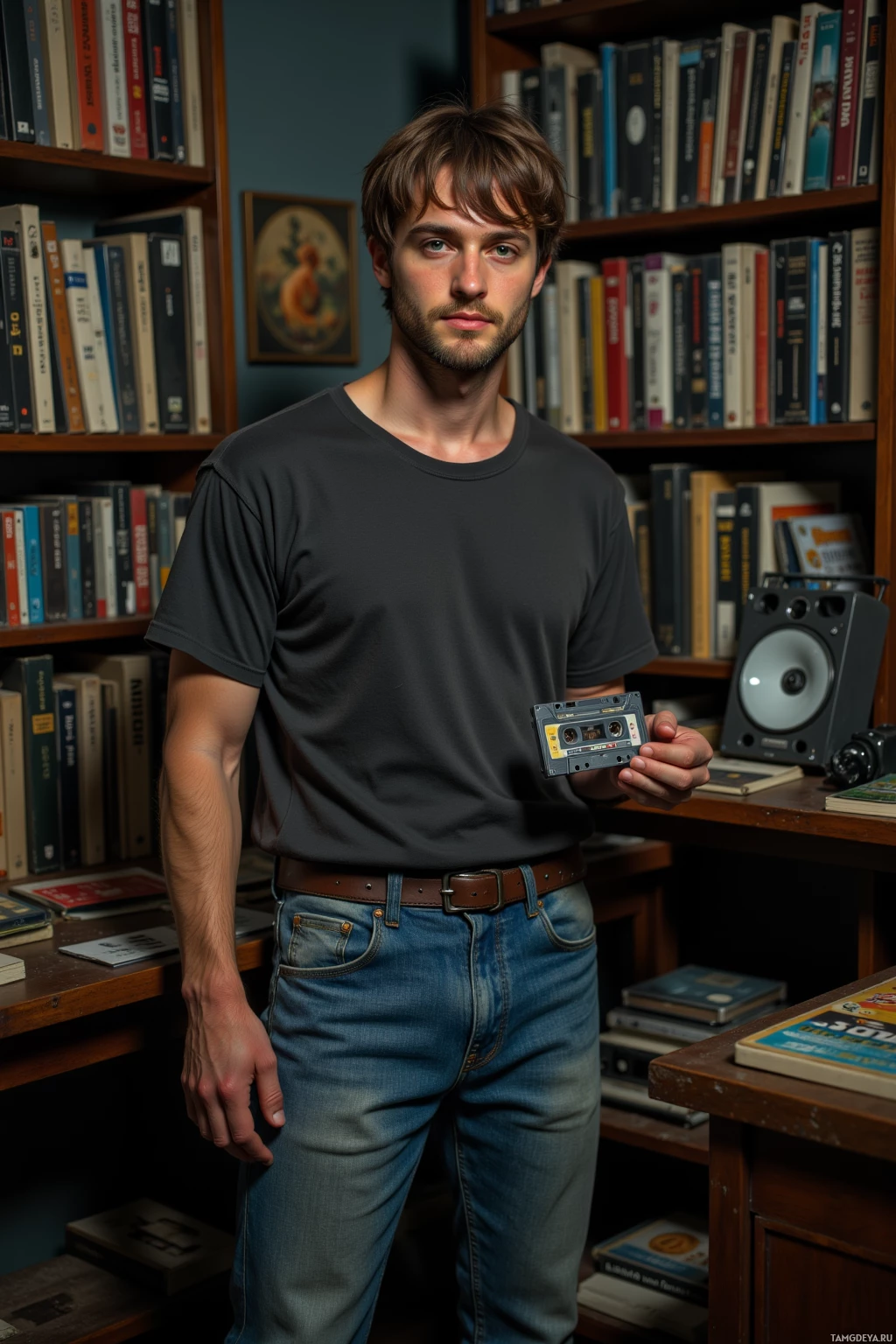 A person stands in a room with bookshelves, holding a cassette tape.