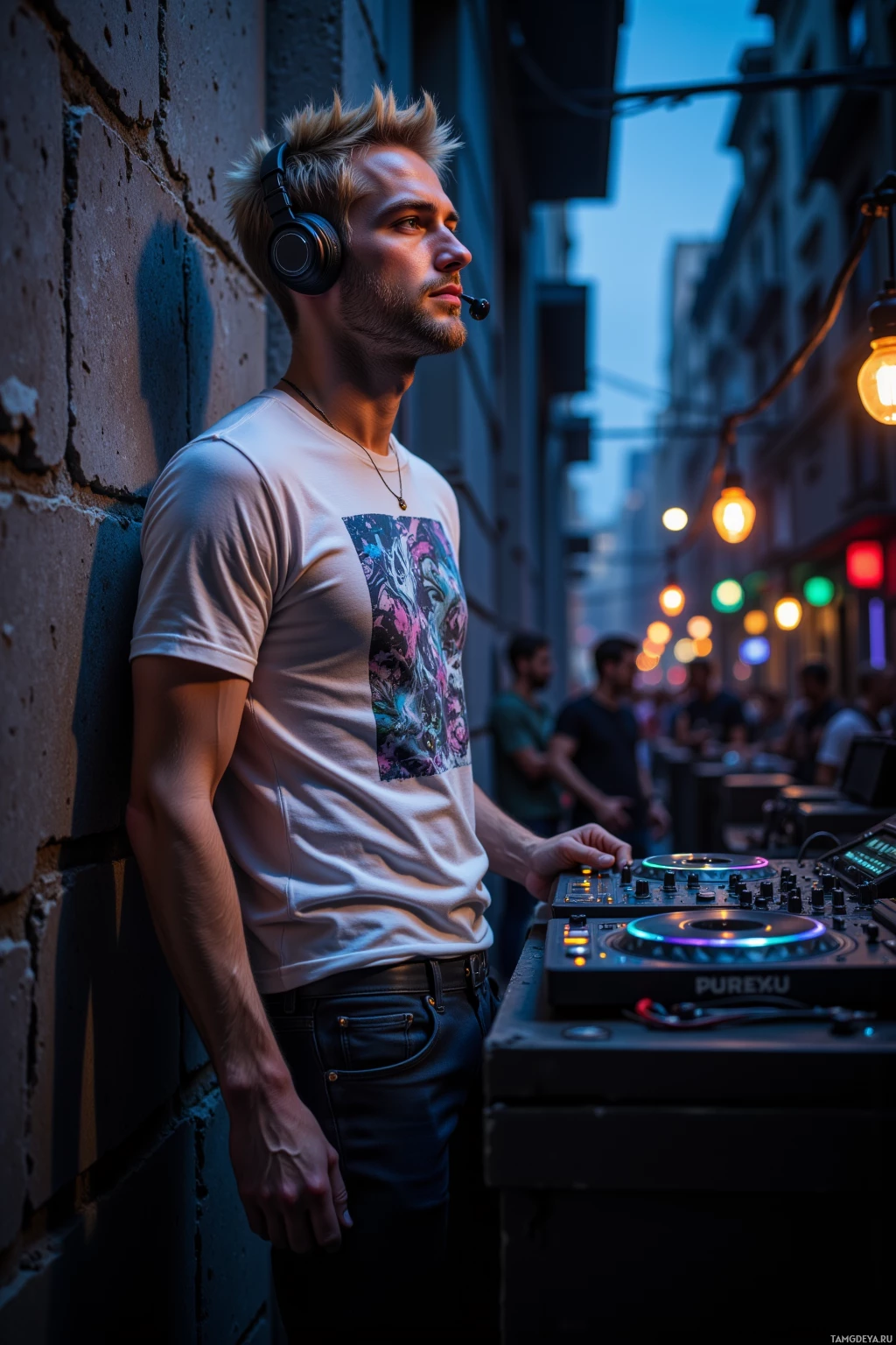 A DJ stands by a turntable in an alleyway, wearing headphones and a graphic t-shirt.