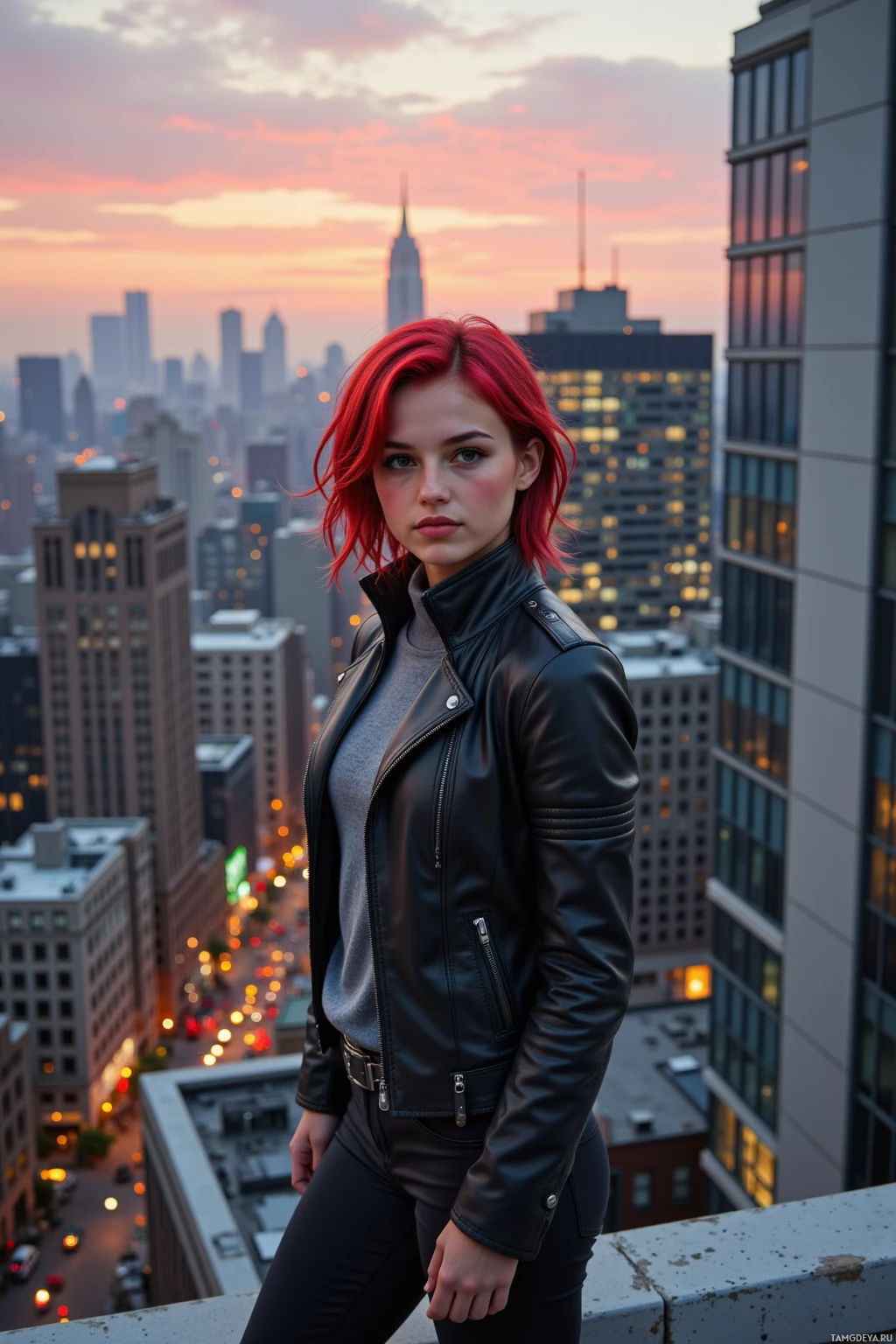 A person with red hair stands on a rooftop overlooking a cityscape at dusk.