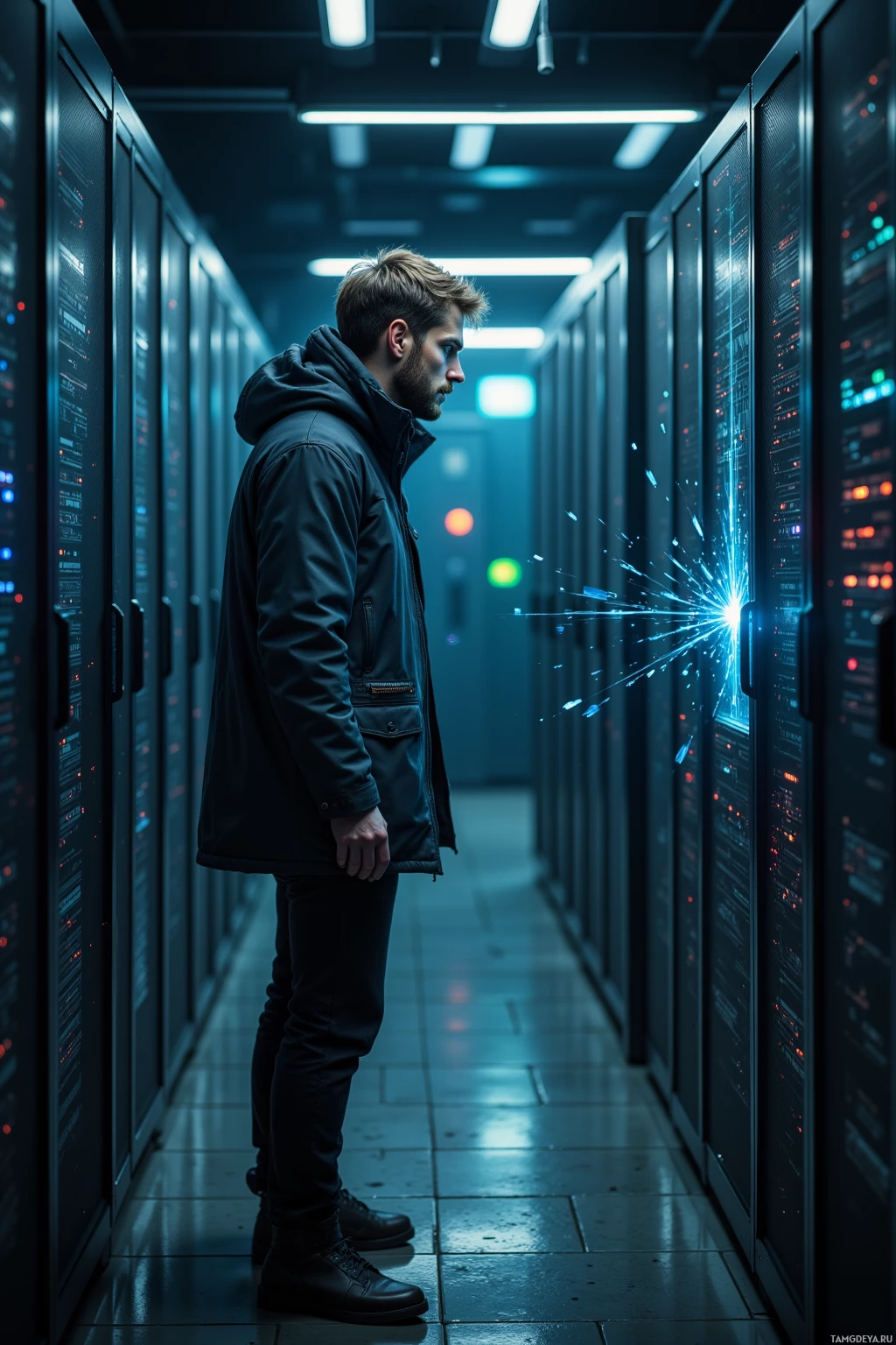 A person stands in a dimly lit server room, facing rows of server racks.