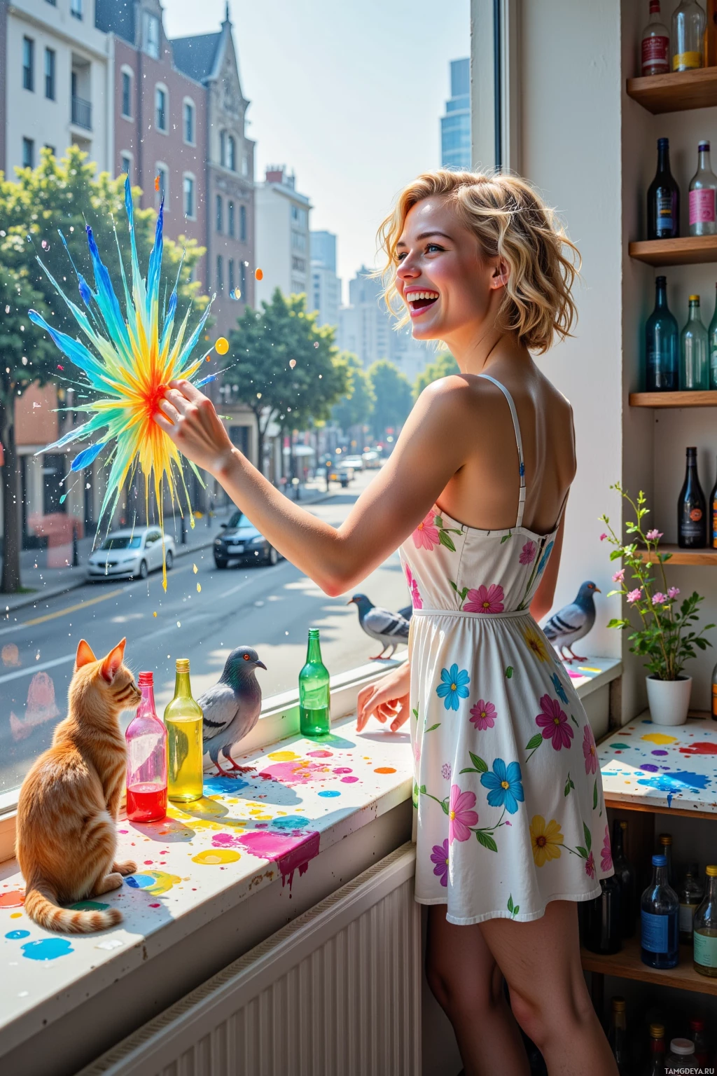 A woman in a floral dress stands by a window, interacting with a colorful burst of paint splashes, with a cat and pigeons nearby.