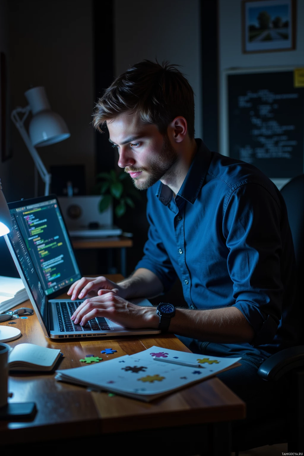 A person is working on a laptop at a desk in a dimly lit room.