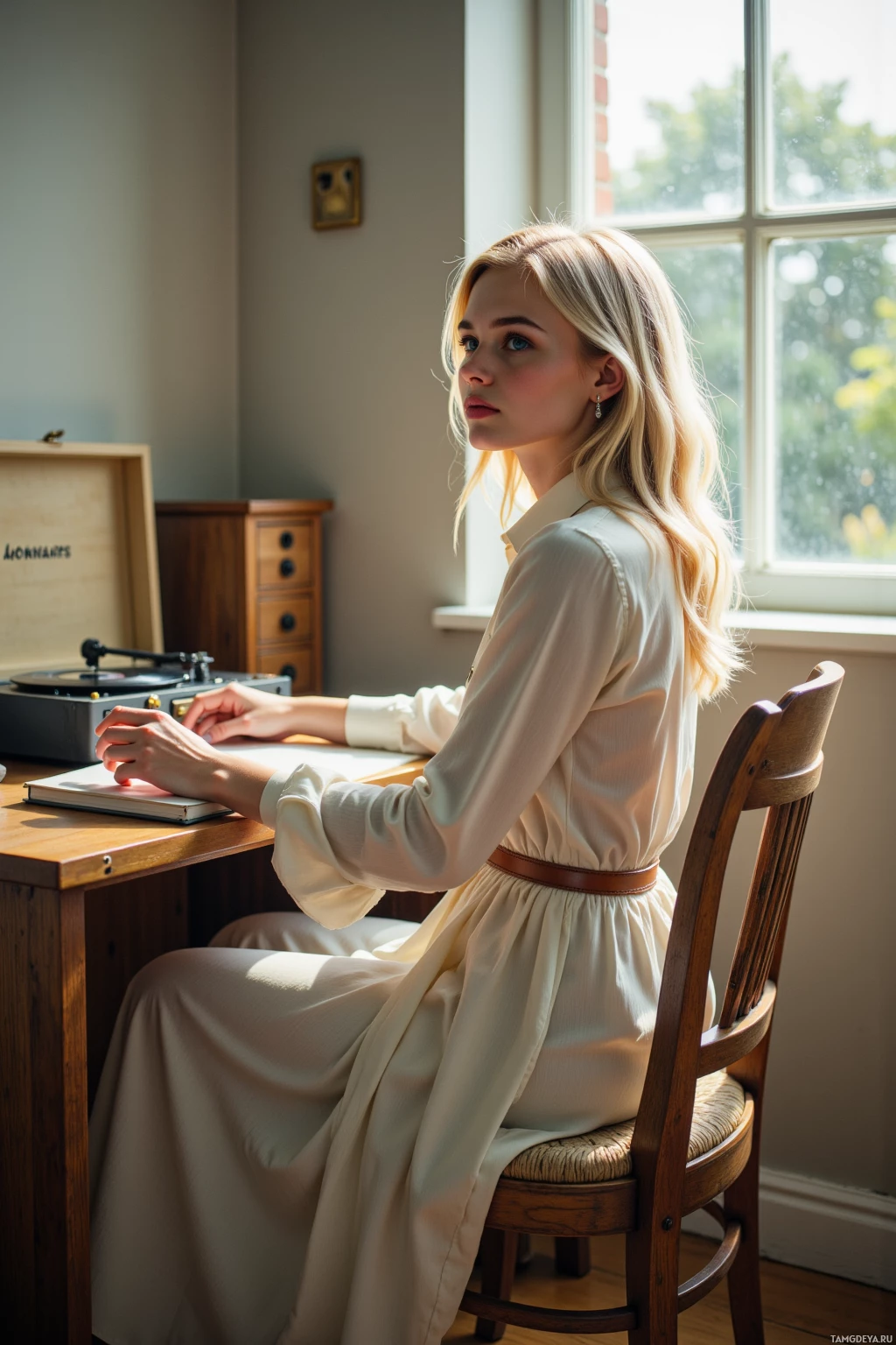 A woman in a light dress sits at a desk by a window, with a record player and a framed picture on the wall.