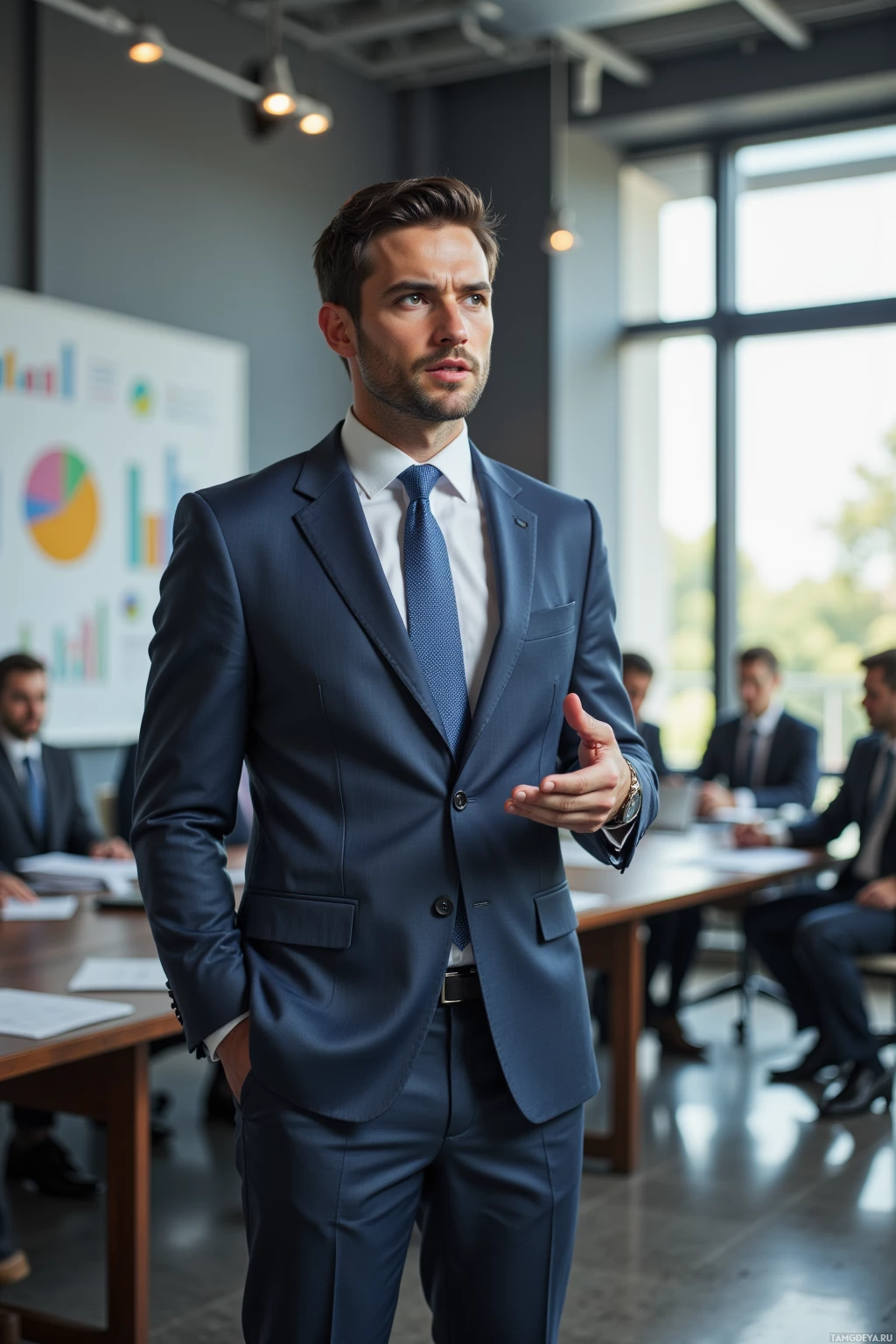 A man in a suit stands in a conference room, gesturing as he speaks.