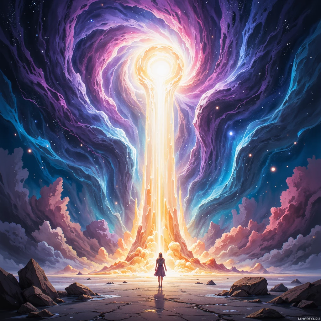A person stands before a glowing portal in a cosmic landscape.