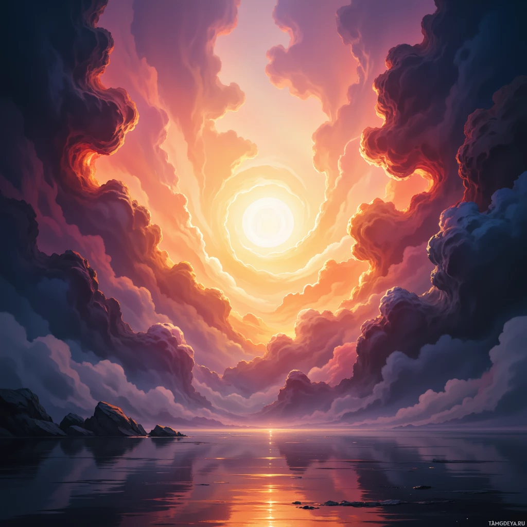 A serene sunset scene with vibrant clouds and a calm sea reflecting the sky.