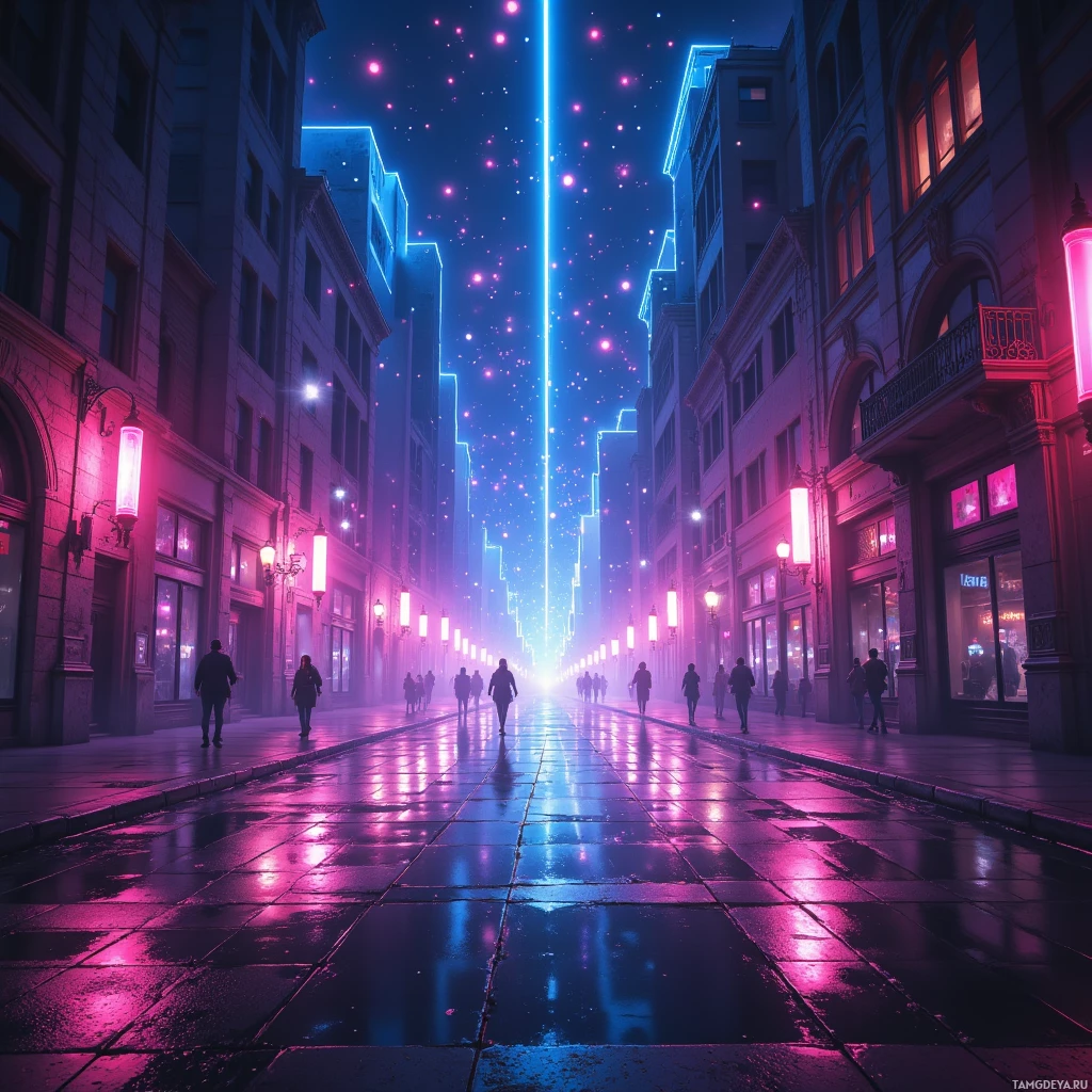 A neon-lit street scene with people walking, featuring vibrant pink and blue lights reflecting off wet pavement.
